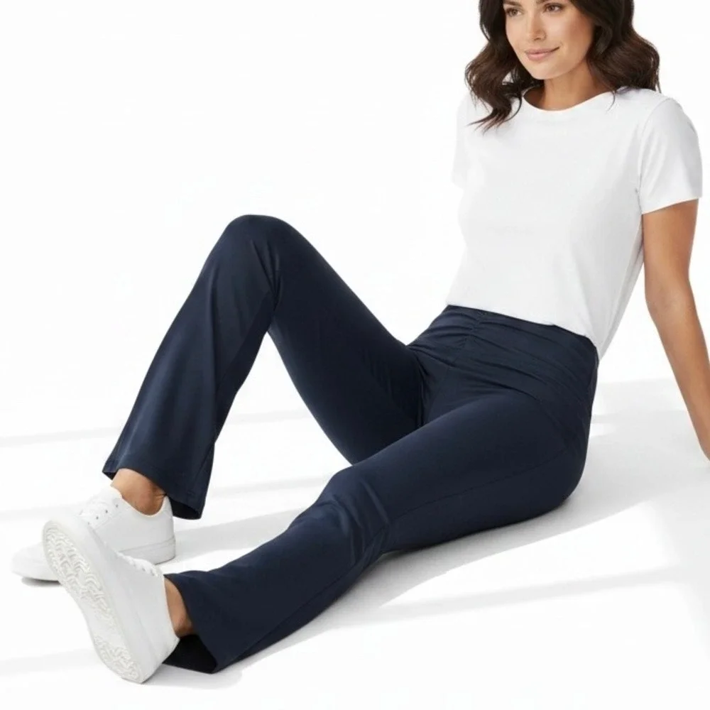 A New Day Flare Leggings Womens Large Navy Blue Ruched V-Front Yoga‎ NWOT